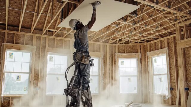 Construction worker using exoskeleton holding a sheet in unfinished building