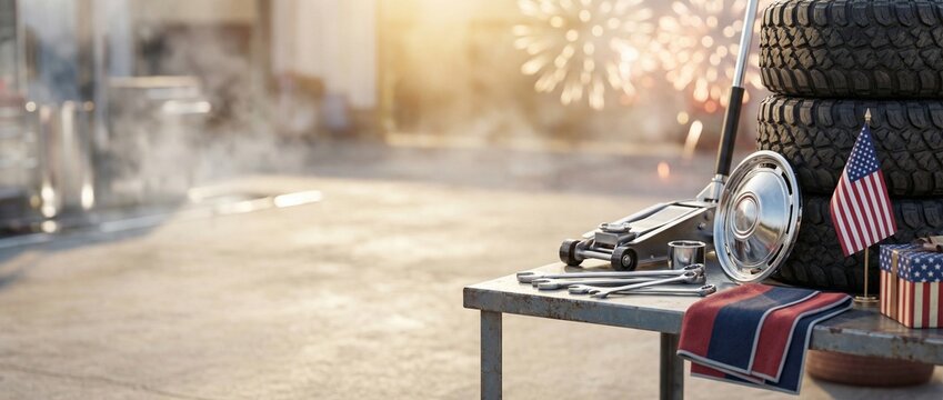 Car repair tools and tires on table in garage with American flags  