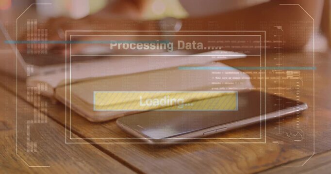 Animation of interface with data processing against mid section of man using laptop at home