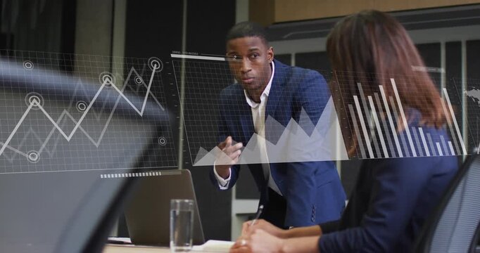Animation of multiple graphs, loading bars, map, diverse coworkers discussing in office