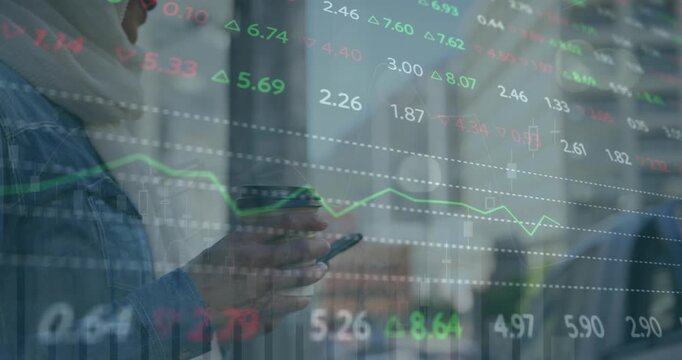 Animation of trading board, woman wearing hijab holding coffee and scrolling on cellphone