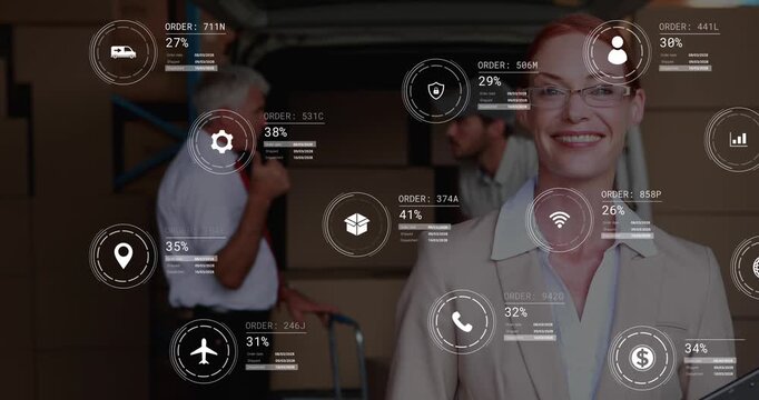 Animation of data processing against portrait of caucasian female supervisor smiling at warehouse