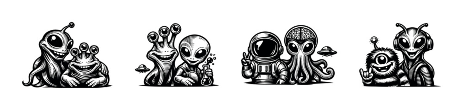 Black and white vector illustrations of whimsical extraterrestrial creatures silhouette clipart