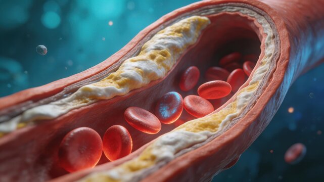 Makro-3D-Illustration einer verengten Arterie mit Cholesterin-Plaque und flie&szlig;enden roten Blutk&ouml;rperchen. Medizinisches Konzept f&uuml;r Arteriosklerose und Herz-Kreislauf-Erkrankungen.