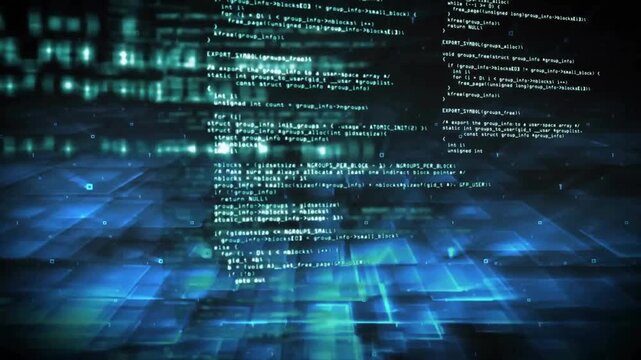 Animation of illuminated computer language and multiple squares against abstract background