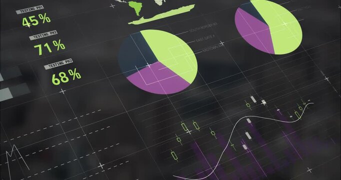 Animation of multicolored infographic interface over modern cityscape against sky
