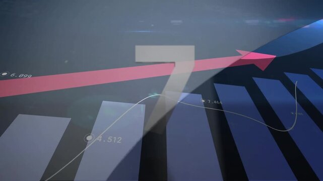 Animation of financial data processing over countdown and red arrow