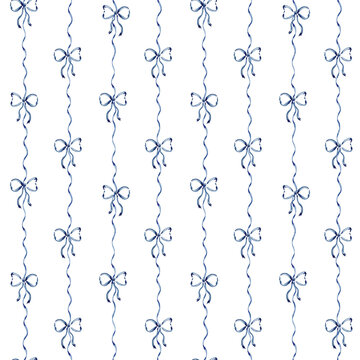 Seamless watercolor pattern with blue ribbons and hand-drawn bows. Decorative background for gift wrapping, wallpaper, and textile printing.