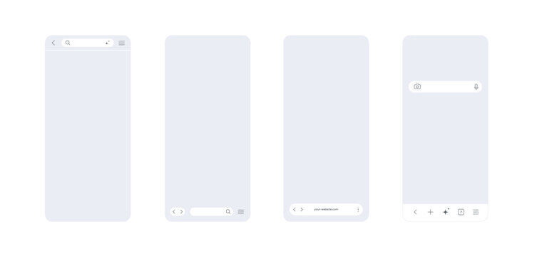 Mobile browser interface set in light theme with different search line and browser icons. Generic phone screen window, outline page bar with smartphone frame icon. Search template browser.