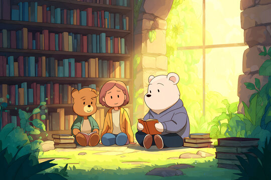 Children and Animals in a Peaceful Library