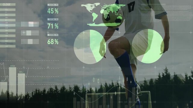 Juggling soccer ball, player with animation overlay showing global statistics in school