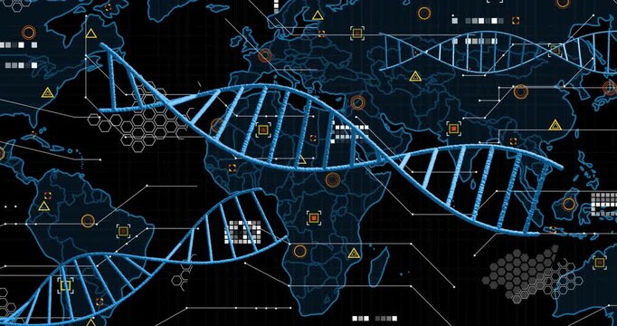 DNA strands and data processing over world map with Africa highlighted