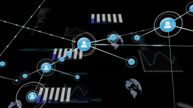 Network of connections and data processing animation over digital graphs and charts