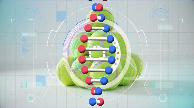 Neon green tennis balls rotating in flat lab scene, with molecular model overlay and HUD icons
