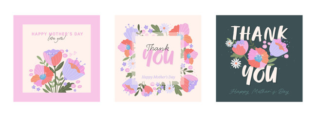 Lovely hand drawn Mother's Day designs, cute flowers and handwriting - great for cards, invitations, gifts, banners - vector designs
