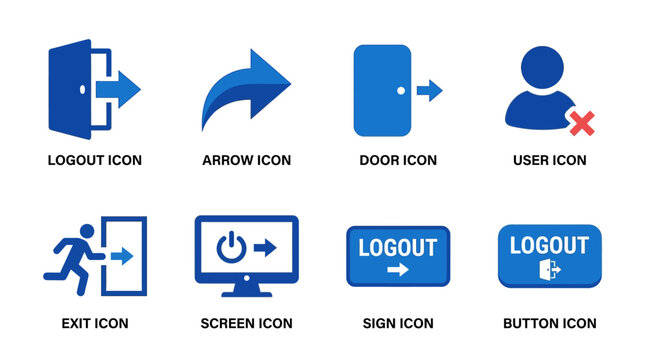 Vector icons of various logout and exit symbols on screen and button vector designs