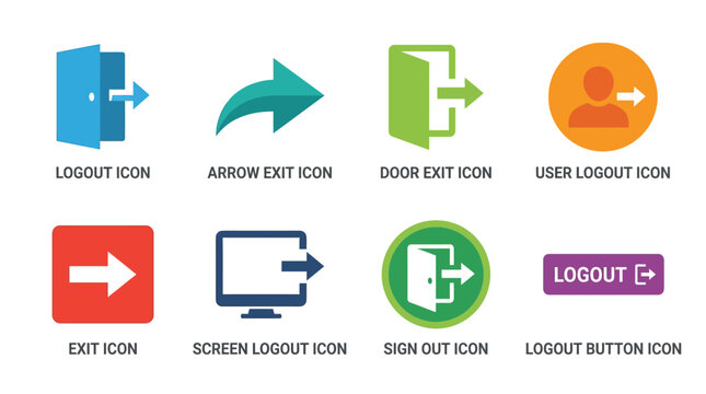 Vector graphics of various colorful logout icons and symbols for user interface design