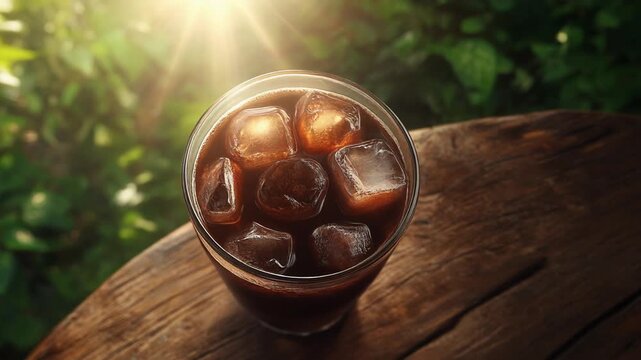 Refreshing iced coffee drink on wooden table with sunlit background