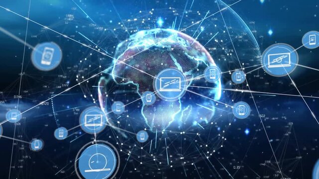 3D Earth emerging triggers device icons appearing, rotating and connecting, showing global network