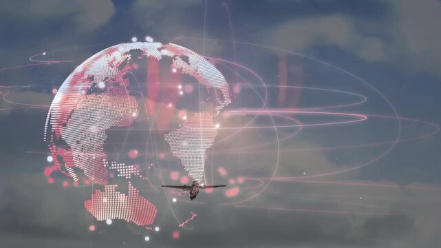 Digital globe appearing triggers jet flying through data arcs showing global network connection