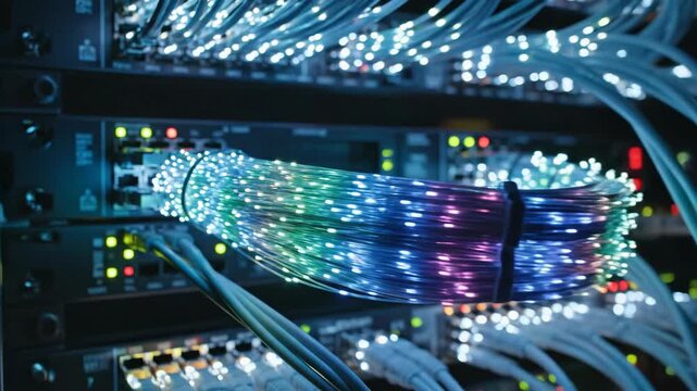 Fiber optic cables plugged into high speed data server rack. Glowing internet cables connected to network equipment. Digital communication and fast connection tech.