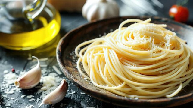 Close-up of Spaghetti Sauce Topping with Grated Parmesan Cheese and Garlic Cloves