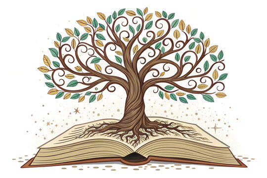 Open book with magical stylized tree growing from pages featuring swirling branches green and gold leaves sparkles symbolizing wisdom knowledge and growth through learning  generative ai