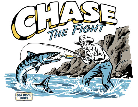 Vintage western style sport fishing illustration with cowboy catching large predatory fish, retro comic book graphic for t-shirt design