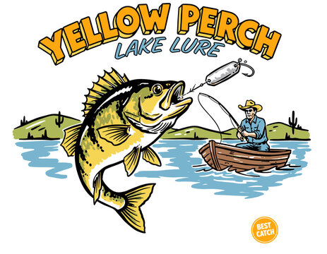 Vintage yellow perch fish jumping for lake lure with fisherman in boat, retro outdoor adventure mascot vector illustration for t-shirt design