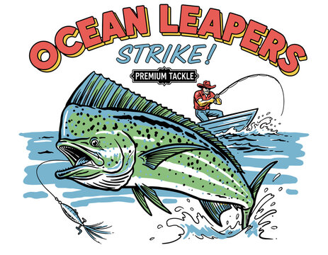 Mahi mahi dolphinfish jumping with fisherman in boat, vintage retro graphic illustration for fishing apparel and t-shirt design