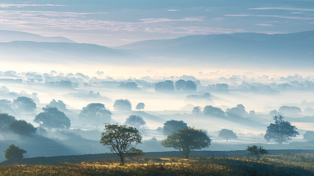 Rustic storm clouds over fog hill mist
