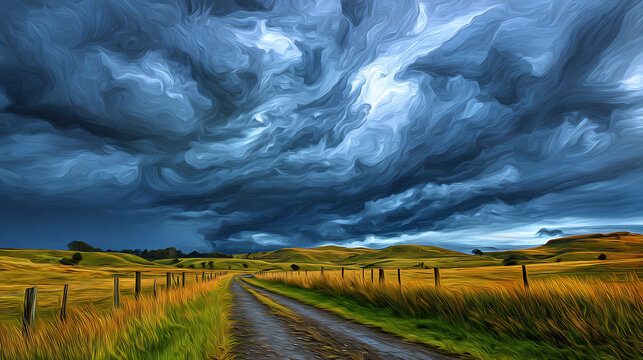 Lively storm clouds over rural countryside