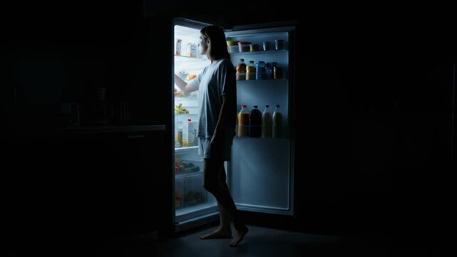 Young woman standing in front of an open refrigerator in a dark kitchen at night. Person looking for food in the fridge light late at night. Hunger, midnight snack, and lifestyle concept
