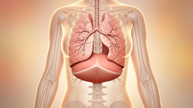 Breathing process in transparent human torso with lungs and diaphragm muscle demonstrated clearly and simply