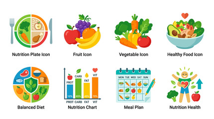 Fototapeta premium Vector illustration of a healthy food plate with various nutritious icons around it on a clean background for a meal plan.