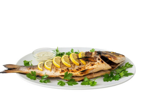 Grilled fish with lemon and parsley isolated on transparent background
