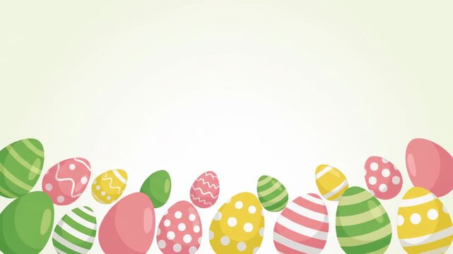 A cheerful bottom border of colorful decorated Easter eggs on a light green and white gradient background, perfect for spring holiday designs. Minimalist eastern video background with wide copy space.