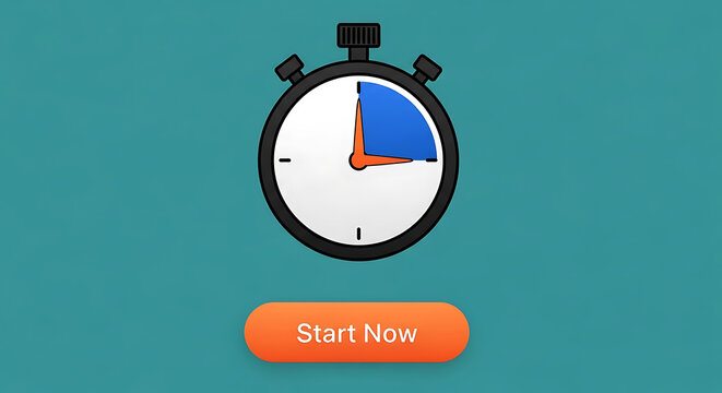 A stopwatch with an orange button on a teal background