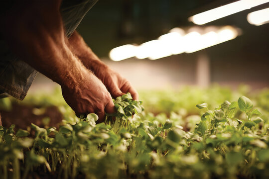 A farmer carefully tending to young plants under grow lights, illustrating the nurturing process and the technological innovations enhancing the growth of seedlings.