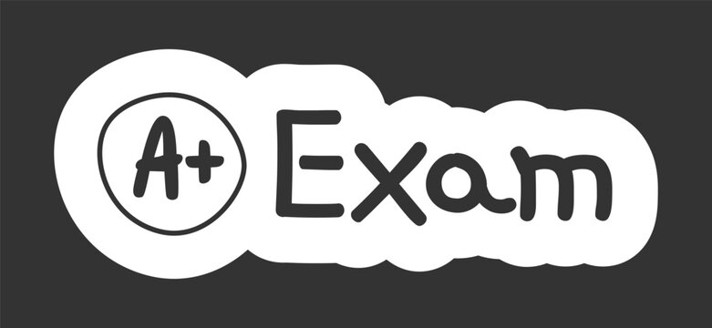 Exam black and white line drawing sticker. A plus school test. Academic schedule. Study reminder. Doodle outline illustration isolated. Minimal planner icon label design. Monochrome printable clipart