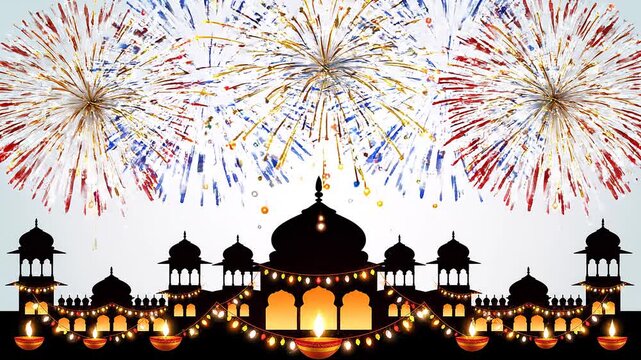 Silhouette of a large ornate building with lit windows and fireworks exploding in the night sky with a celebratory mood.