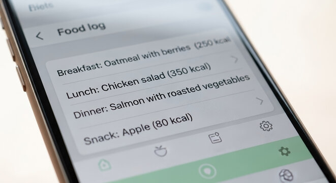 Smartphone displaying diet tracking app, showing food log entries. Screen lists meals, calorie counts, for powerful diet tracking app. Digital concept for health, fitness, wellness.