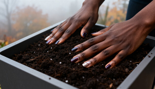 Pressing woman's hands smoothing potting soil on balcony planter, showing perlite and dark sleeve