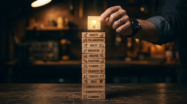 A hand places a glowing lightbulb block on a stack of wooden blocks representing business concepts like growth, innovation, and teamwork, symbolizing new ideas and strategic development.