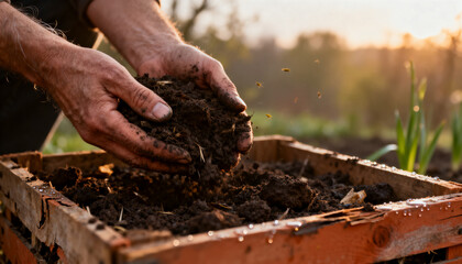 Fototapeta premium Crumbling pair of bare soiled hands with rolled dark sleeve dropping compost over wooden bed, bees