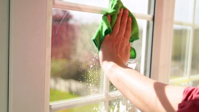 Woman washes window with green cloth and spray detergent. Spring cleaning housework concept