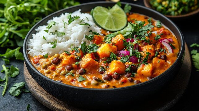 Vegan Indian meal with vegetable korma lentil curry and steamed basmati rice accompanied by salad and coconut chutney