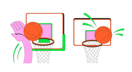 Funky slam dunk and missing hoop modern flash message illustration set. Basketball scoring. Athletic play. Error success UI states. Done failure web design. Mobile onboarding. Micro UX scenes pack © IMGvisualsCharacters