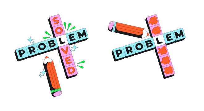 Problem solved crossword modern flash message illustration set. Scribbling pencil mistake. Unsolved answer. Error success UI states. Done failure web design. Mobile onboarding. Micro UX scenes pack