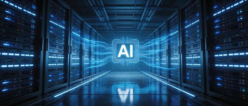 AI processor chip in modern data center server corridor with glowing digital data connections, idea for artificial intelligence computing, cloud technology and big data infrastructure